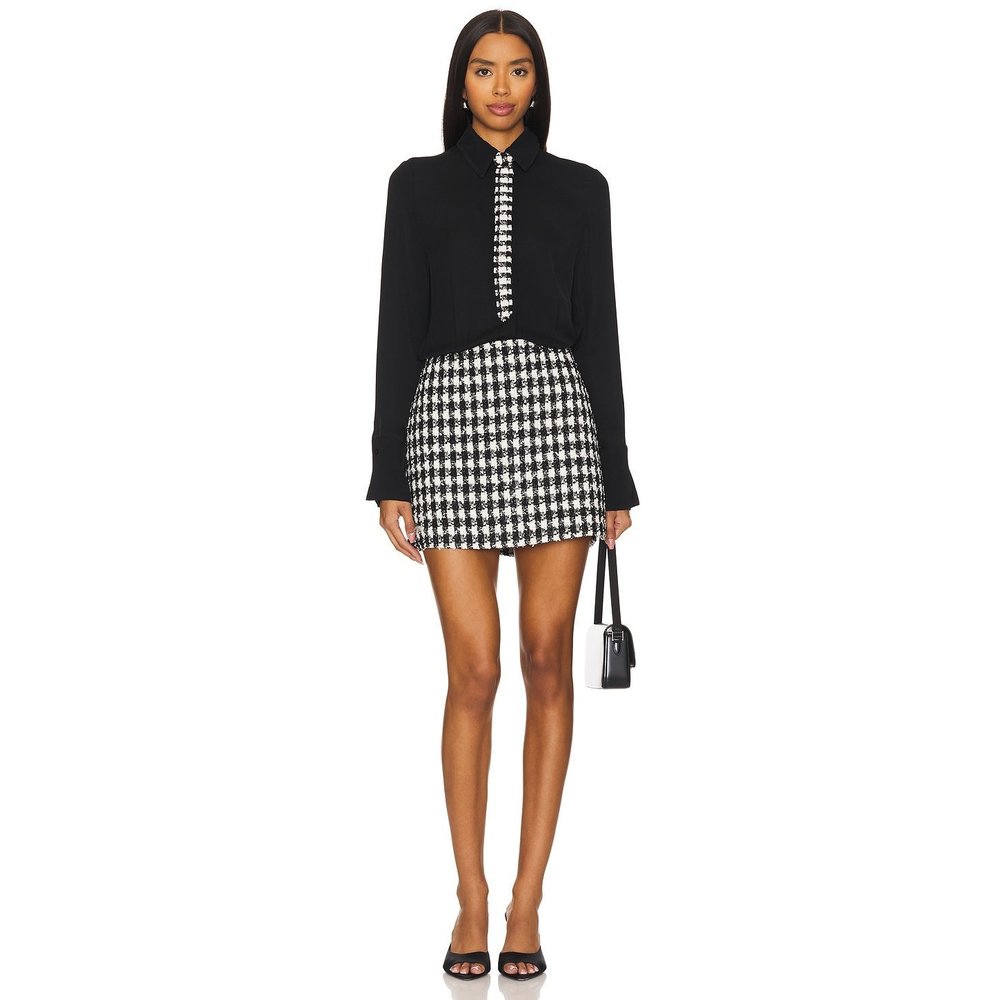 New Alice + Olivia Mattie Mini Shirt Dress in Black & White with tie tweed